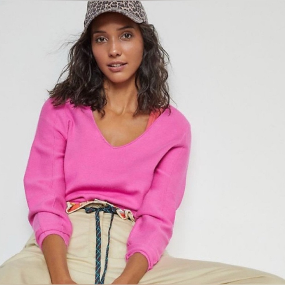 Anthropologie | Maeve Lupita Cozy Fuchsia Pink V-Neck Pullover Jumper Sweater